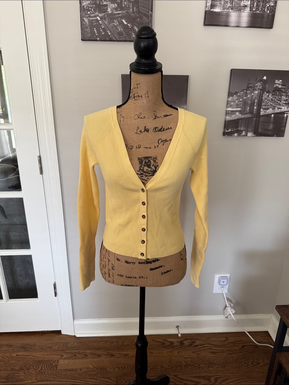 INTERMIX Pale Yellow V-Neck Button-Front Sweater